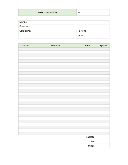 Nota de remisión en Word y PDF